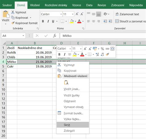 Excel jak zobrazit skryté řádky a sloupce